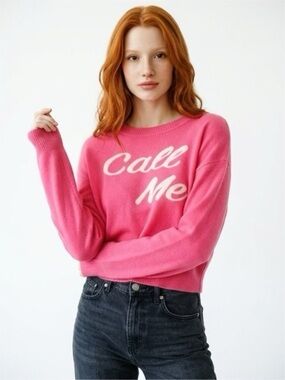 No Boundaries Pink Crewneck Sweater with White 'Call Me' Script medium